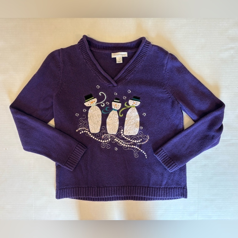 Christopher & Banks purple v-neck pullover Christmas sweater snowmen size Medium